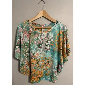 Harmony Womens Top Small Colorful Floral Stretch Sheer Dolman Sleeve Fairy Artsy